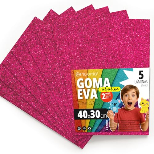 OFITURIA Glitzer-Moosgummi für Bastelarbeiten, Bunter Schaumstoff mit Glitzer für DIY, kreative Projekte, Kunst und Schule 40x30cm (Fuchsie, 5 Stk)