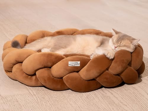 CheerPals Großes Katzenbett 60cm, Waschbar Geflochtenes Kuschelhöhle, Hundebett mit Hochelastischer Schlafkissen für Alle Katze und Kleine Hunde