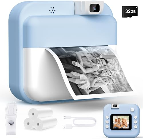 Teoryieer Cámara de Fotos Instantánea, Pantalla HD de 2.0 Pulgadas y 48 MP, 1080P cámara de Fotos Infantil, Tarjeta de 32 GB y 3 Rollos de Papel de Impresión, Ideal para Niños de 3 a 12 Años (Azul)