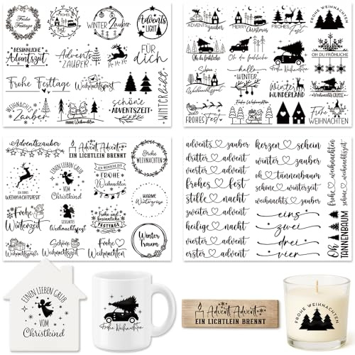 Farbeele 4 Stück Rub On Sticker, UV Transferaufkleber Folie 19x14cm für Glas, Holz, Karten, Scrapbooking, DIY Handarbeiten, Basteln, Geschenkidee, Wohndeko, Party Deko （Weihnachten Ⅱ）