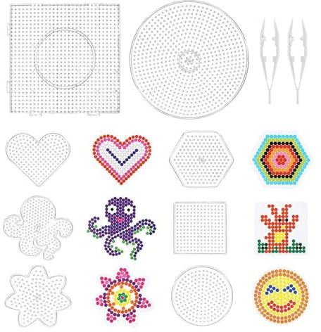 8 Stück Bringen Kunststoff Bügelplatte, Bügelperlen Platten Transparent | Sie 2 Pinzetten, Kunststoff Bügelplatte 5mm, Bügelperlen Vorlagen , und Vorlagen Rund, Stern, Herz , DIY Schablonen Handwerk