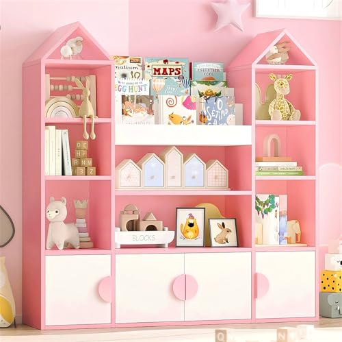 IRONCK Bibliothèque Enfant, Meuble Rangement Jouet, Meuble de Rangement Enfant, Étagère Ouverte à 4 Portes et 10 Étages, Design château, adapté d'enfant, Salon, Salle de Jeux 123.5x33x127cm (Rose)