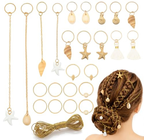 RhiVrillion Lote 24 Accesorios Pelo Mar ORO + 5m Cordón Dorado – Adornos Pelo Conchas Estrella Sirena, Joyería para Dreadlocks Festival Música Playa