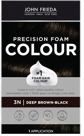 John Frieda Precision Foam Colour, Deep Brown Black 3N, Full-coverage Hair Color Kit, Anti-Fade Gray Coverage, Deep Color Saturation Hair Dye, 1 Application