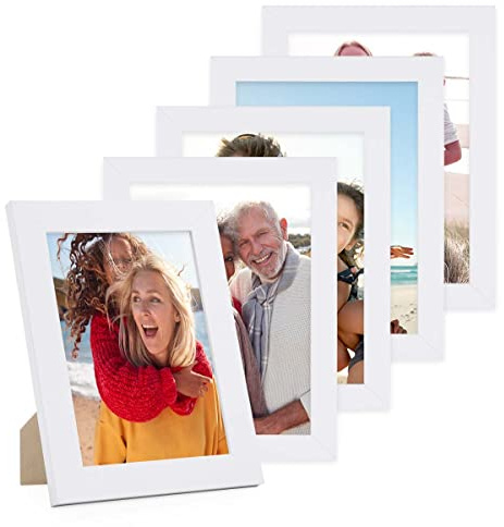 PHOTOLINI Bilderrahmen 15x20 weiß Holz MDF, 5er Set breite Bilderrahmen 20x15 weiß, Picture Frame mit Acrylglas, Bilder Rahmen 15 x 20 cm zum Aufhängen & Aufstellen, Rahmen 15x20 mit Zubehör