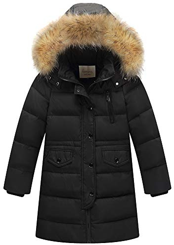 amropi Niño Niña Abrigo Invierno Chaqueta Plumas Caliente Acolchada Largo con Pelo Capucha (Negro,10-11 años)