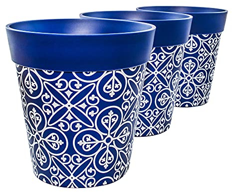 Hum Flowerpots, 22cm, 3 stycken, olika mönster, färger och storlekar, blomkrukor i plast för inomhus- och utomhusbruk Marockansk Blå