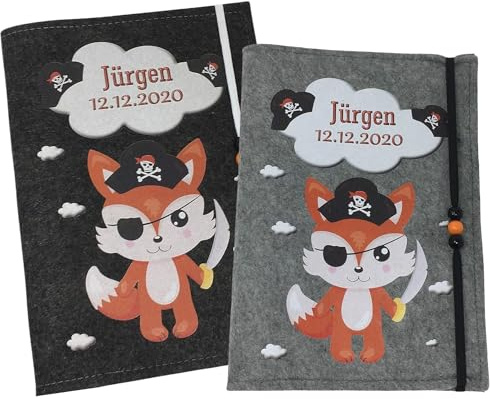 U Heft Hülle und Impfpass aus Filz - Personalisiert mit Namen - Untersuchungsheft Schutzhülle - Babygeschenke zur Geburt - Kinderuntersuchungsheft Mädchen und Junge - Fuchs Pirat