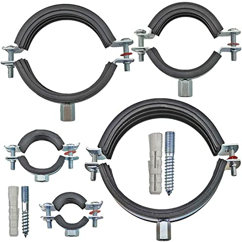 MegaHaustechnik 2-Schrauben-Rohrschellen aus Stahl verzinkt, Set 10 Stück mit Stockschrauben und Dübel, Spannbereich 107 bis 112mm Rohr-Außendurchmesser 4 Zoll, mit Schallschutz, mit M8 Gewinde-Mutter