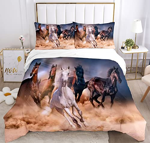 JEFFEL Sets de Housses de Couettes 3D, Animal Cheval Imprimé Ensemble de Literie avec Housses de Couettes et 2 taie d'oreiller 50x75 cm, pour Lit 1 ou 2 Personnes (200x200cm, Cheval 2)