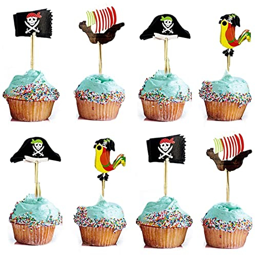 Bymivofun 60 piezas Adornos para Tartas Piratas, Decoración de Cupcakes Pirata, Adornos para Tartas de Feliz Cumpleaños, para Niños, Cumpleaños, Fiesta de Halloween, Magdalenas
