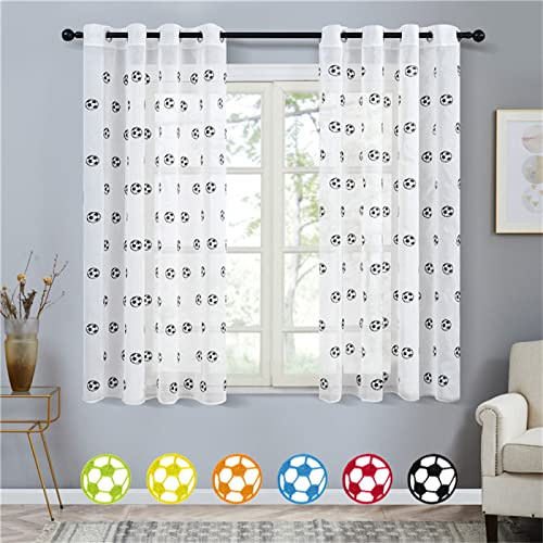 KEKUYA 2 Stück Sheer Vorhänge Lässige Vorhang Mit Ösen,Luftig Dekoschal für Wohnzimmer Schlafzimmer Stores Küche - (B132 x H138cm) Schwarz-Weiß-Fußball