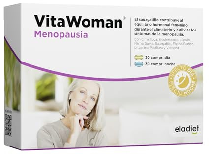 MENOPAUSIA VitaWoman - Reduce Sofocos, Insomnio, Hinchazón y Sudoración - Efecto Día y Noche - Con Salvia, Cimicífuga, Lúpulo, Pasiflora | 60 Comprimidos ELADIET