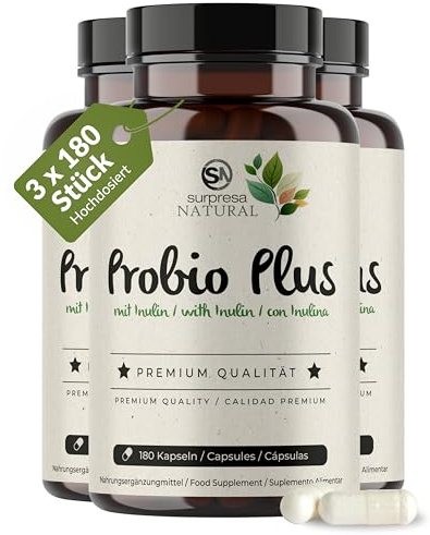 Surpresa Natural Probio Plus Kapseln hochdosiert I 3x 180 Kapseln mit Inulin & Bacillus subtilis I 20 Mrd. KBE pro Tag I Kulturen Komplex 18 Bakterienstämme I magensaftresistent & vegan