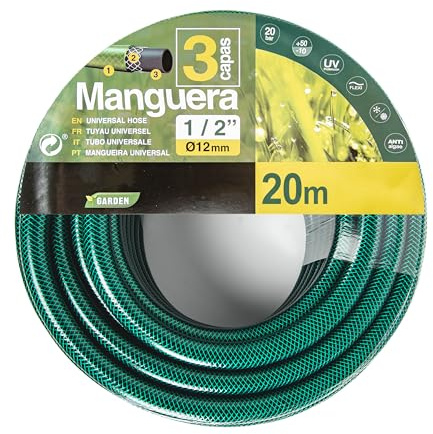 Manguera de Agua de Jardín 1/2 Pulgadas(12mm) 20m - Manguera para Riego Reforzada 3 Capas -Presión de rotura de 20 bar