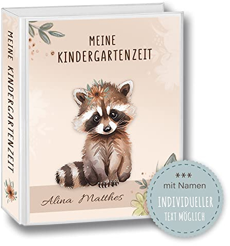 Kindergarten Ordner personalisiert mit Namen und Wunschtext Racoon Waschbär A4 - Meine Kindergartenzeit Kindergartenordner Portfolioordner Sammelordner Junge Mädchen