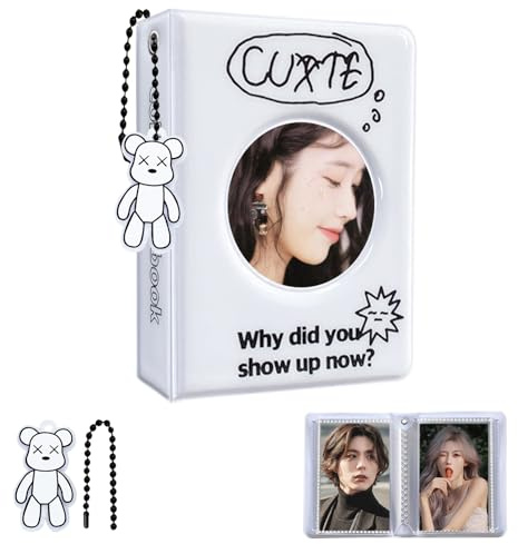 Kpop Photocard Holder 3 Zoll Photocard Binder, 40 Pockets Mini Fotoalbum Kpop Photo Card Binder, Love Heart Hollow Photo Card Album K-pop Collect Album with Lovely Pendant (Cycle- White)
