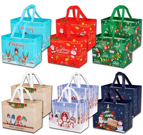 WENGX 12 Pack Christmas Tote Bags with Handle, Reusable Gift Present & Grocery Shopping Wrapping Bags for Xmas Holiday Event Party (christmas)