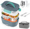 80W Scaldavivande Elettrico Portatile Elettrico Portatile Lunch Box 12V 24V 220V 1,5L Contenitore Elettrico Portavivande con Acciaio Inox Forchetta e Cucchiaio Scaldapranzo Portatile per Auto Casa