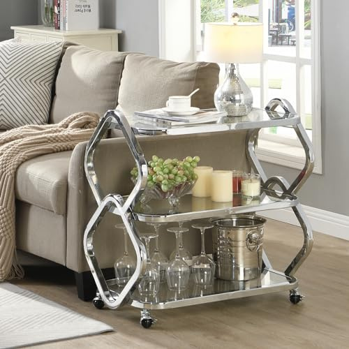 FERFALDER Silberner Barwagen mit Rädern, Glas-Barwagen für Zuhause, Metallkonsole, Tisch, Servierwagen mit Stauraum für Club, Spa, Café, Eingang, Küche, Wohnzimmer, Flur, Sofa