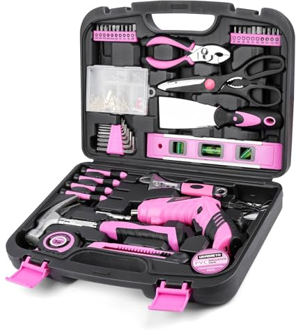 URASISTO Juego de Herramientas Bricolaje para el Hogar Rosa con Destornillador Eléctrico USB de 3.6 V, Kit de Herramientas para el Hogar de 136 Piezas con Taladro Inalámbrico de Iones de Litio