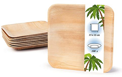 onlyleaf Palmware Hochwertiges Palmblattgeschirr I 200 Stück Palmblatt Teller rechteckig 15 x 15 cm I Bio Einweggeschirr biologisch abbaubar Partygeschirr Einmalgeschirr Wegwerfgeschirr