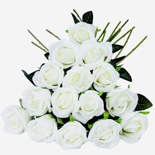 AUMAYCO künstliche Rosen 15 Stück Kunstblumen Wie Echt, 17,7 Zoll Long Stem Fake Rosen Künstliche Blumen für DIY Hochzeitsdeko Brautsträuß Hausgarten Party Hotel Büro Deko Rosen (Weiß)