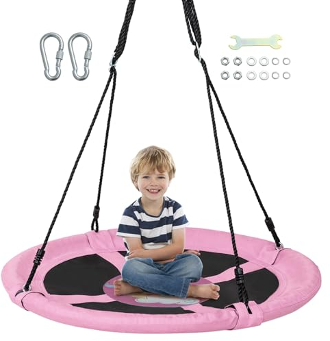 GOPLUS Nestschaukel, Ø100cm Kinderschaukel höhenverstellbar bis 100kg, Hängeschaukel mit Löwe/Dinosaurier/Einhorn-Motiven, Baumschaukel Rundschaukel für Kinder ab 3, Indoor & Outdoor (Rosa)