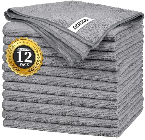 FIXSMITH Grey Microfibre Cleaning Cloth -Pack of 12, Highly Absorbent Cleaning Rags, 12X16 All Purpose Cleaning Towels for Housekeeping, Kitchen, Car, Lint Free and Reusable Microfiber Towels