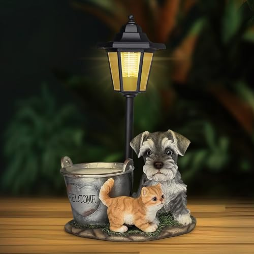 UrbanHaven Outdoor Solarleuchte Hund Katze Laterne Garten Harz Ornamente mit Solar Pfostenlicht | Gartenleuchten & Geschenke mit Geschenkbox
