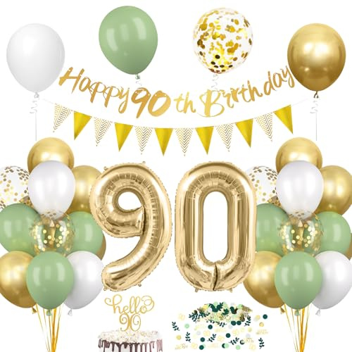 Geburtstag Salbeigrüne Luftballon mit Girlande, Deko Tortendeko Grün Gold, Avocado Grüne Konfetti für 90. Geburtstag Party