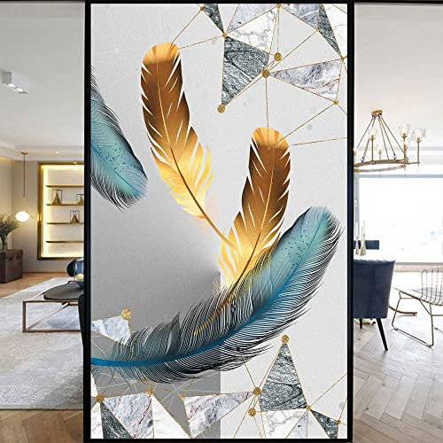 Feder geometrisch Sichtschutzfolie für Fenster, Buntglas-Fensterabdeckungen, Statisch Haftende Fensterfolie für Zuhause, Büro, Geschäfte, 50x70cm