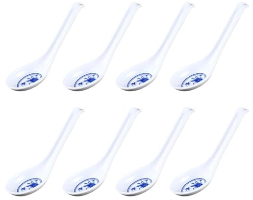Lot de 8 cuillères à soupe chinoises Won Ton – Cuillère de table en plastique réutilisable pour ramen Dumpling – Blanc