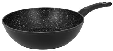 Crealys 539352 Wok GRANITY Ø 28 cm H 8 cm en Aluminium forgé revêtement Noir Anti-adhérent sans PFOA - Intérieur effet Pierre - manche thermorésistant soft touch - Tous Feux Dont Induction