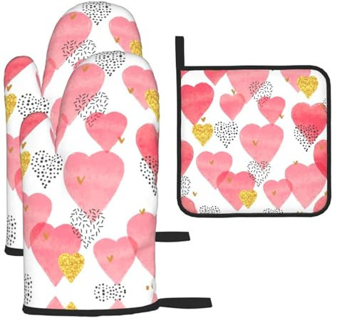Set di 3 guanti da forno e presine a forma di cuore rosa dorato, guanti da forno da cucina, guanti resistenti al calore