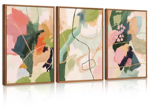 BINCUE 3 Teilig Frühling Bunte Abstrakt Leinwandbilder Bilder,Rosa & Grün Abstrakt bild auf leinwand Wandkunst,Bunter Wohnzimmer Wanddeko, Modern Wandbild für Schlafzimmer,Büro,Küche,30x40cm