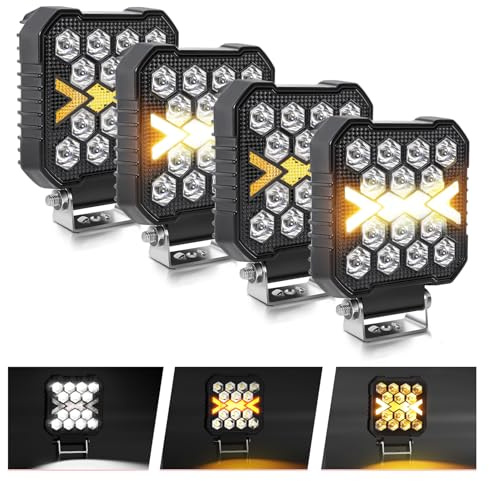 BraveWAY 4PCS 80W 25000LM Phare De Travail Led 12v 24v Carré, 4 Pouces Phares Longue Portee led, Ambre Flash Stroboscopique Pour Suv, Camion, Moto, Tracteur, Tracteur