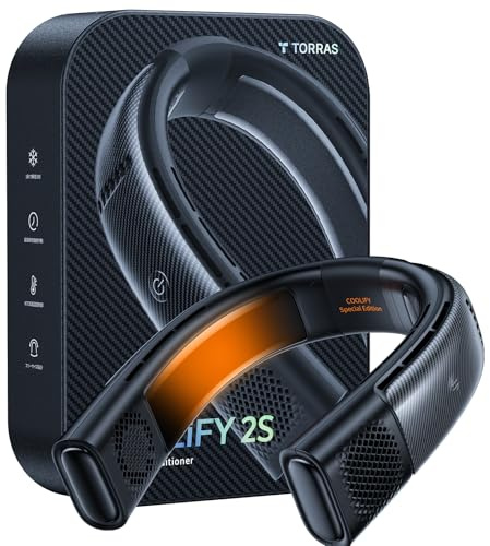 TORRAS COOLiFY 2S - Ventiladores de cuello que soplan aire frío [versión limitada], aire acondicionado de cuello con batería larga, ventilador de cuello de cambio de color naranja-azul, ventilador de