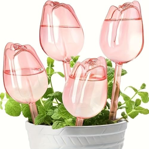 4 Pcs Plant Watering Globes, Automatic Drip Irrigation with Terracotta Spikes, Tulip Shaped Self Watering Bulbs for Indoor & Outdoor Plants, Watering Devices for Home Garden Plant Decor (Pink)