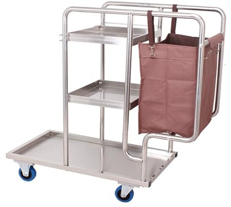 TRGCJGH Edelstahl Putzwagen Reinigungswagen 3 Ebenen Große Kapazität Haushaltswagen mit extra groß Tasche, Haushaltsstation mit 4 Rollen(Silent Wheel)