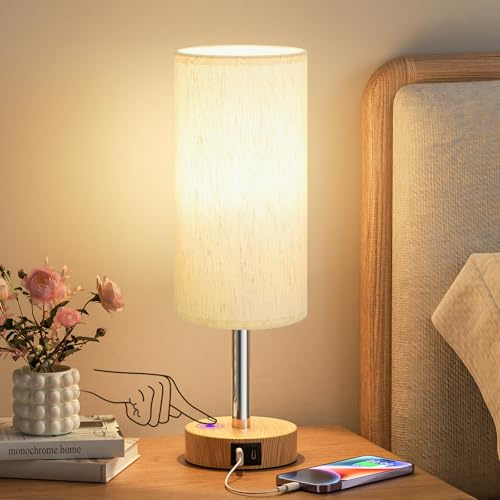 Aooshine Bedside Lamps, Bedroom Lamp with USB-C+A Charging Ports, Wood Grain Base(Bulb Included)