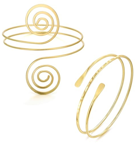 BOMAIL 2Pcs Gold Arm Cuff Bracelets Set for Women Open Adjustable Upper Arm Bangles Coil Swirl Armlet Armband Set Minimalist Upper Arm Cuff Jewelry for Women (E Style)