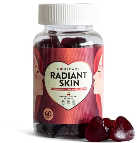 GOMICARE – Gummies d'Acide Hyaluronique + Coenzyme Q10 + Sélénium + Vitamines C, E et Zinc – Bonbons (Gommes) Vegans pour une Peau Hydratée et Saine – 60 unités – Sans Sucre – Sans Gluten