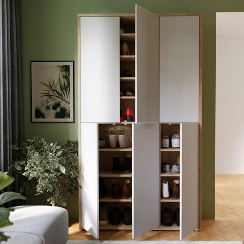 Forte Alice Springs Schuhschrank 100 110, Schrank mit 6 Türen, 15 Einlegeböden, Holzwerkstoff, Grau mit Artisan Eiche Holzdekor, 109,2 cm breit x 191,9 cm hoch x 34,9 cm tief