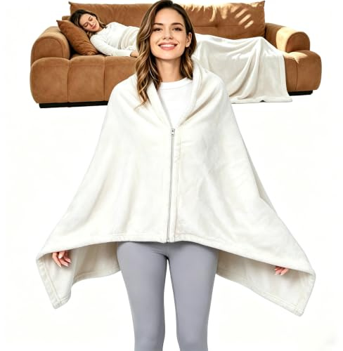 SNZ Tragbare Decke Poncho aus Flanell, 150x80 cm – Kuscheldecke mit Reißverschluss für Damen & Herren – Extra Weiche, Wärmende Wohndecke als Sofadecke, Reisedecke & Geschenk