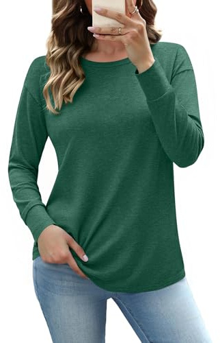 Totatuit Maglietta Manica Lunga Donna T-Shirt Morbido Maglia Donna Elegante con Maniche Elasticizzate Girocollo Adatto per Gonne alla Moda Pantaloni Verde L