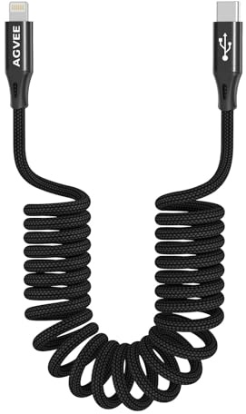 AGVEE 5ft Coiled Short USB-C to Lightning Charging Cable [MFI Certified] 30W PD Fast Charger Cord in Car for iPhone 14/13/12/11/XS/8/7/6/5 CarPlay, iPad, iPod, Black