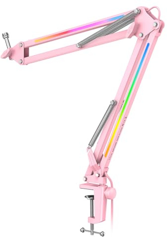 FIFINE Microphone Boom Arm, Metal Adjustable Mic Arm Stand with RGB Button, 3/8” to 5/8” Screw Adapter, Desk Mount Clamp, Suspension Scissor Mic Stand for Gaming Streaming Podcast-AmpliGame BM38P