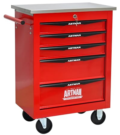 FammyLoft Werkzeugwagen mit Rädern, Rolling Werkzeugkoffer mit 5 Schubladen, Metall Werkzeugkiste für Garage, Workshop, Warehouse, Reparaturwerkstatt, Werkzeugtrolley mit Edelstahldach, Rot