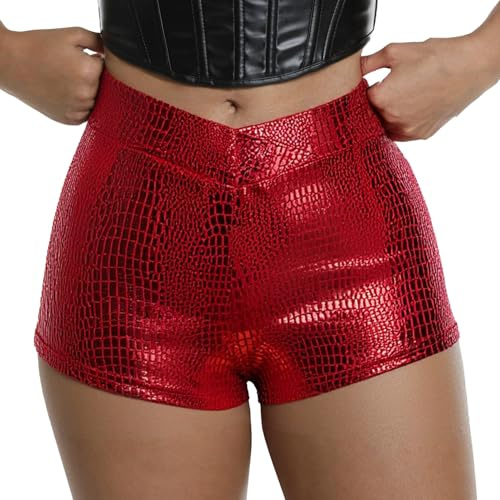 Ausing Femme Short en Cuir PU Pantalon Court Taille Basse en Peau de Serpent Shorts Simili Cuir Skinny Hotpants Mini Sexy de Soiree Club Fête Carnival Danse Disco Festival Y2K S-L